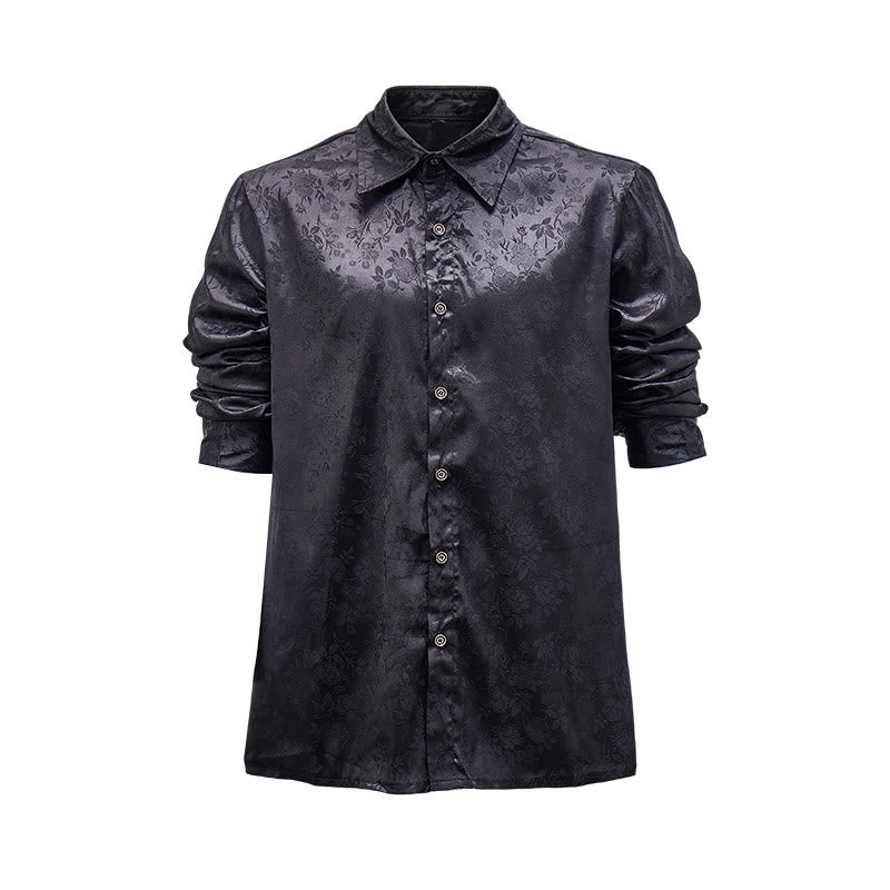 Men's  Jacquard Rose Pattern Hidden Button Long Sleeve Dress Shirt - Black - 2XL - image 0