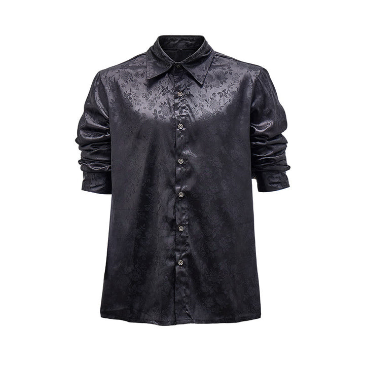 Men's  Jacquard Rose Pattern Hidden Button Long Sleeve Dress Shirt - Black - 2XL - image 0