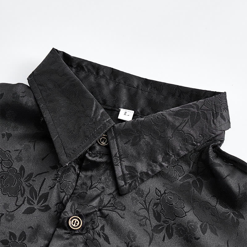 Men's  Jacquard Rose Pattern Hidden Button Long Sleeve Dress Shirt - image 6