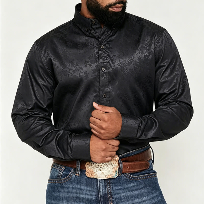 Men's  Jacquard Rose Pattern Hidden Button Long Sleeve Dress Shirt - image 2