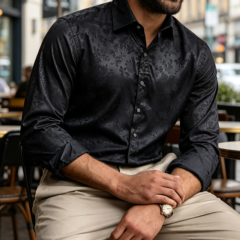 Men's  Jacquard Rose Pattern Hidden Button Long Sleeve Dress Shirt - image 1