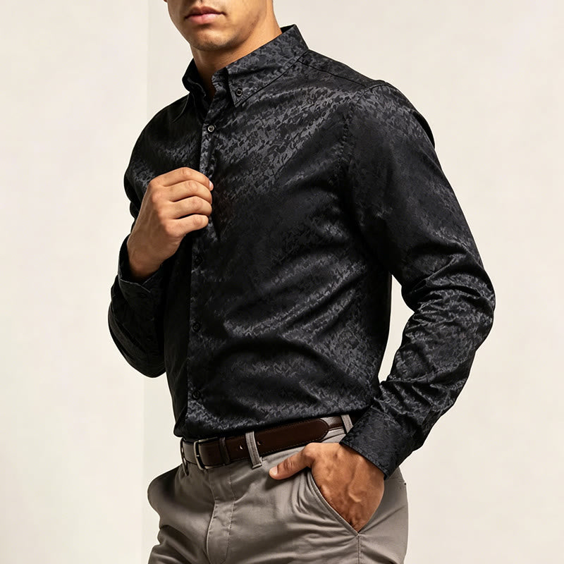 Men's  Jacquard Rose Pattern Hidden Button Long Sleeve Dress Shirt - image 3