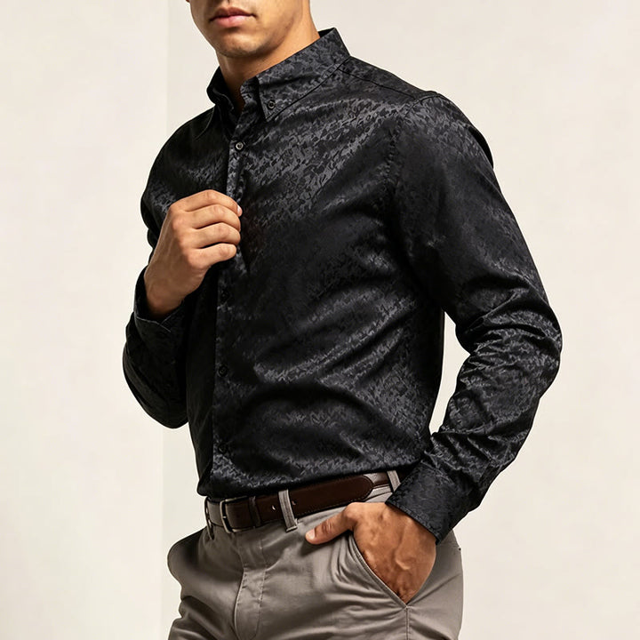 Men's  Jacquard Rose Pattern Hidden Button Long Sleeve Dress Shirt - image 3