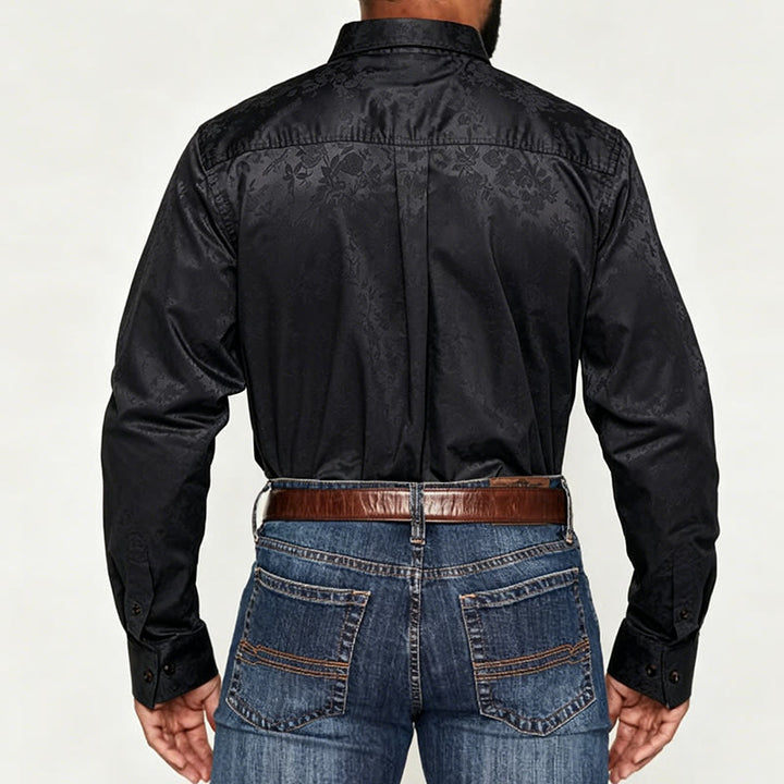 Men's  Jacquard Rose Pattern Hidden Button Long Sleeve Dress Shirt - image 4