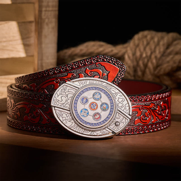 US Military Veteran Freemason DIY Hidden Folding Knife Buckle Leather Belt - Veteran Freemason - Brown Carved Belt - 42 - image 6