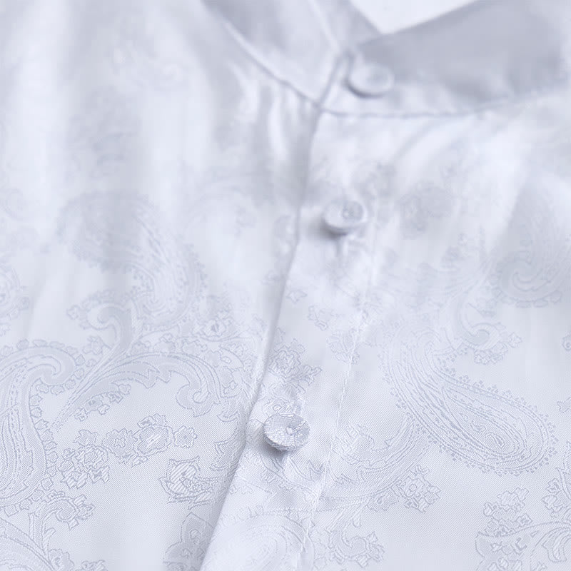 Men's Dark Jacquard Satin Rose Stand Collar Long Sleeve Shirt - image 15