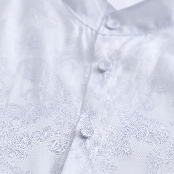 Men's Dark Jacquard Satin Rose Stand Collar Long Sleeve Shirt - image 15