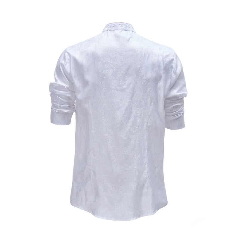 Men's Dark Jacquard Satin Rose Stand Collar Long Sleeve Shirt - image 12