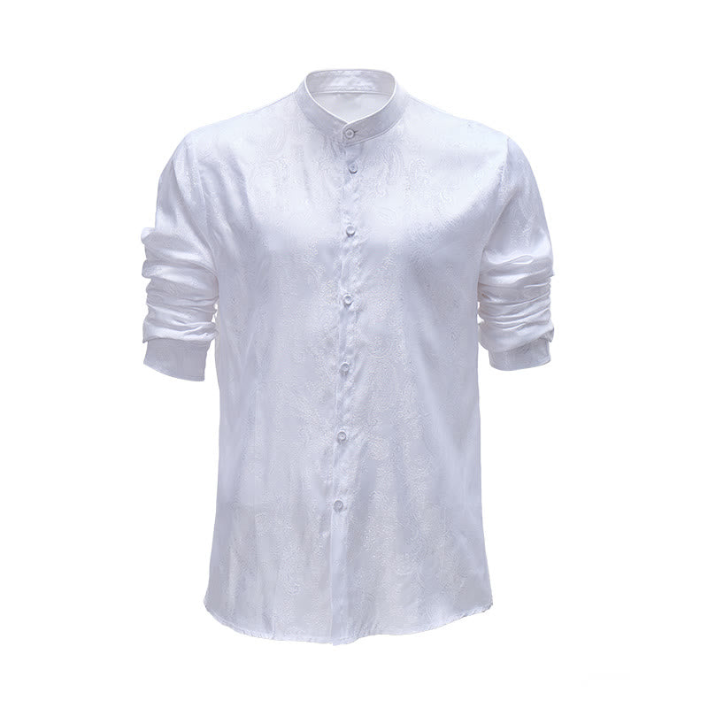Men's Dark Jacquard Satin Rose Stand Collar Long Sleeve Shirt - White - 2XL - image 0