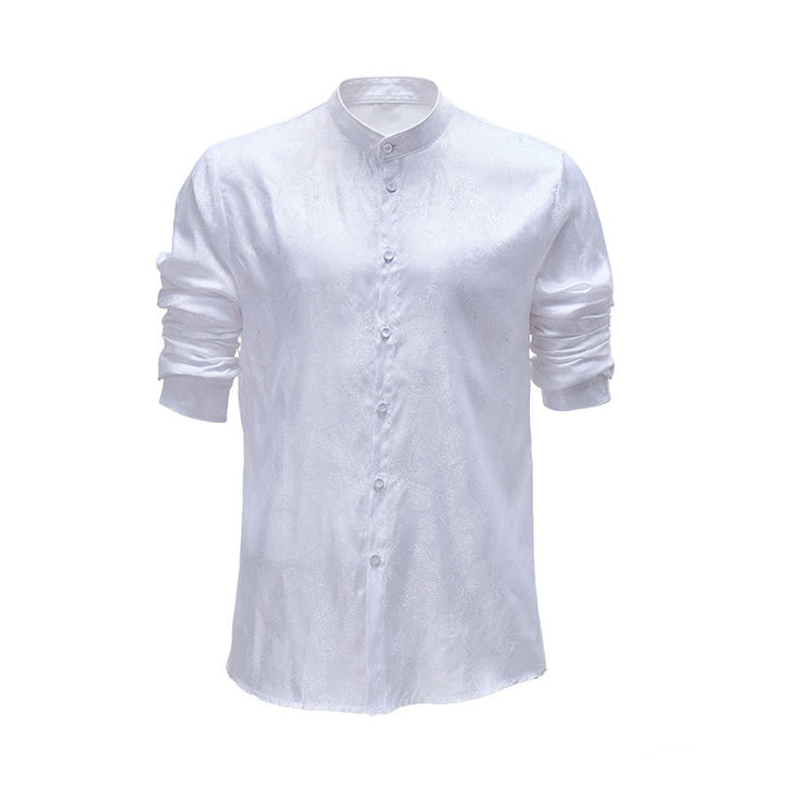Men's Dark Jacquard Satin Rose Stand Collar Long Sleeve Shirt - White - 2XL - image 0