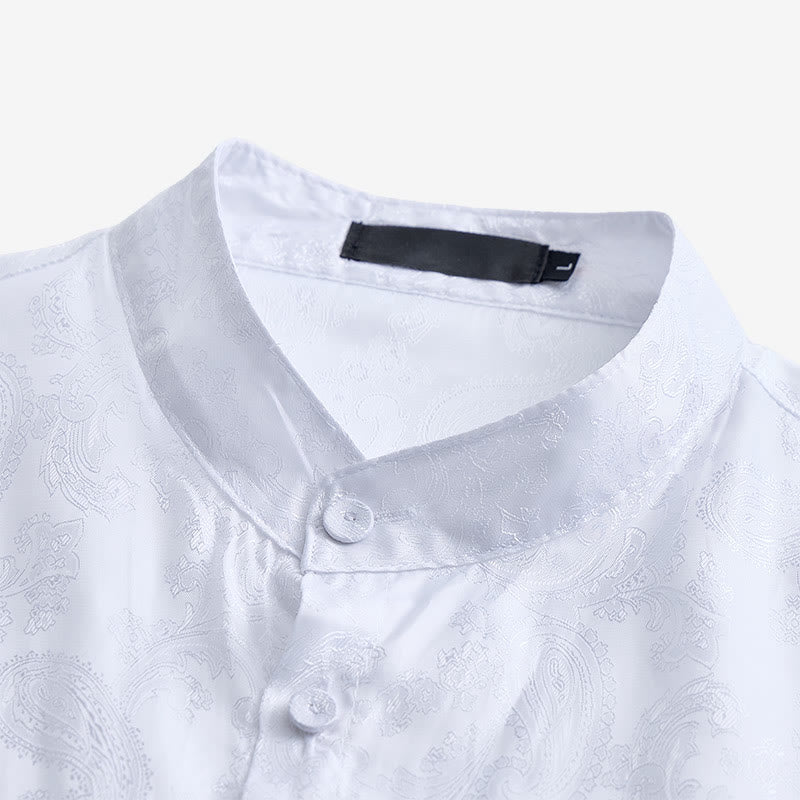 Men's Dark Jacquard Satin Rose Stand Collar Long Sleeve Shirt - image 14