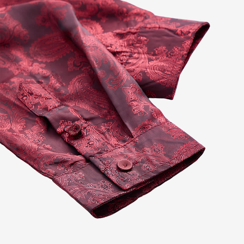 Men's Dark Jacquard Satin Rose Stand Collar Long Sleeve Shirt - image 22