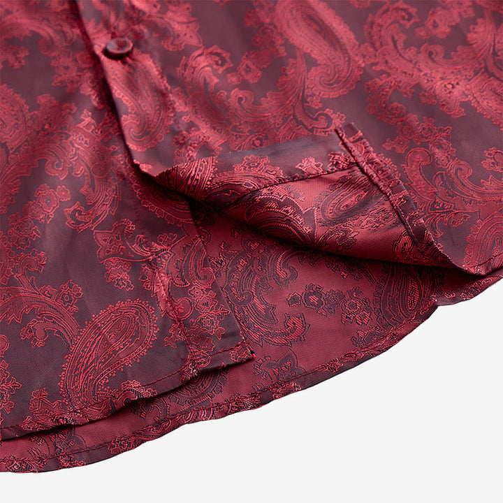 Men's Dark Jacquard Satin Rose Stand Collar Long Sleeve Shirt - image 21