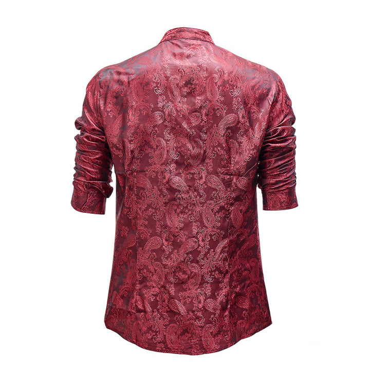 Men's Dark Jacquard Satin Rose Stand Collar Long Sleeve Shirt - image 18
