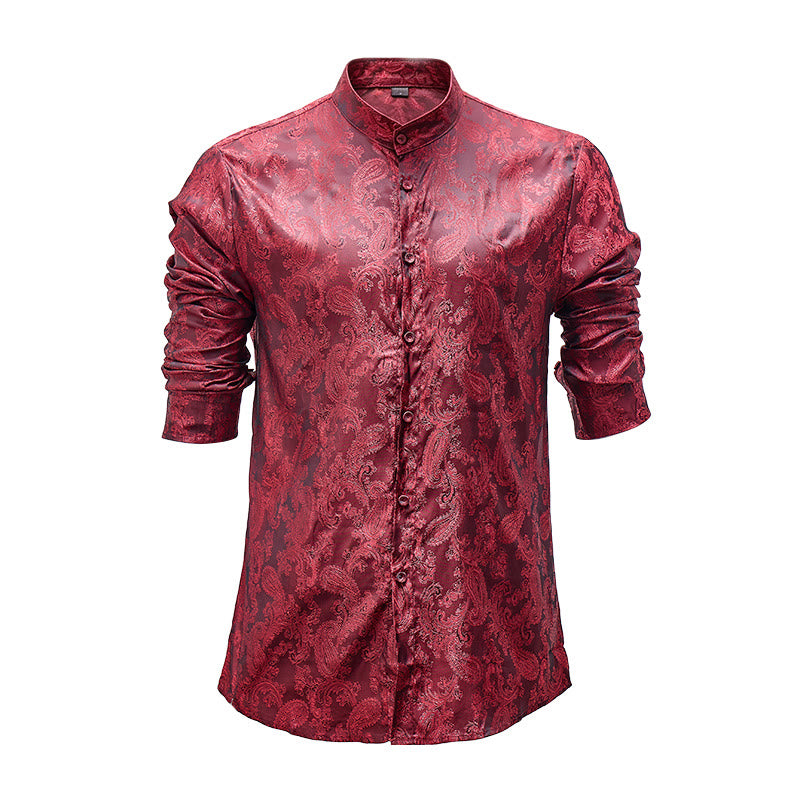 Men's Dark Jacquard Satin Rose Stand Collar Long Sleeve Shirt - Red - 2XL - image 5
