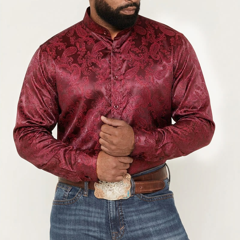 Men's Dark Jacquard Satin Rose Stand Collar Long Sleeve Shirt - image 6