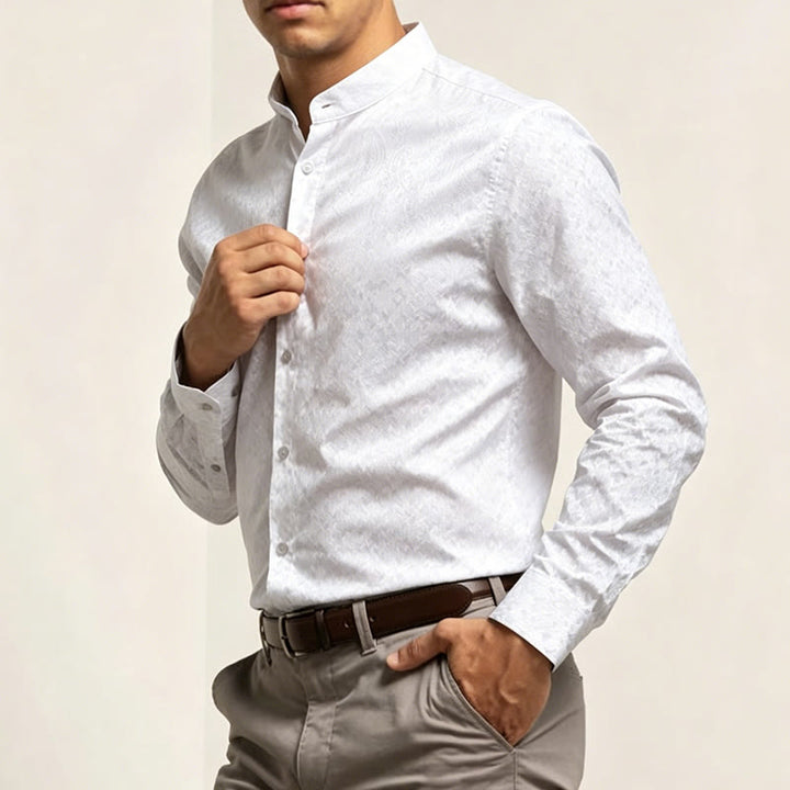 Men's Dark Jacquard Satin Rose Stand Collar Long Sleeve Shirt - image 2
