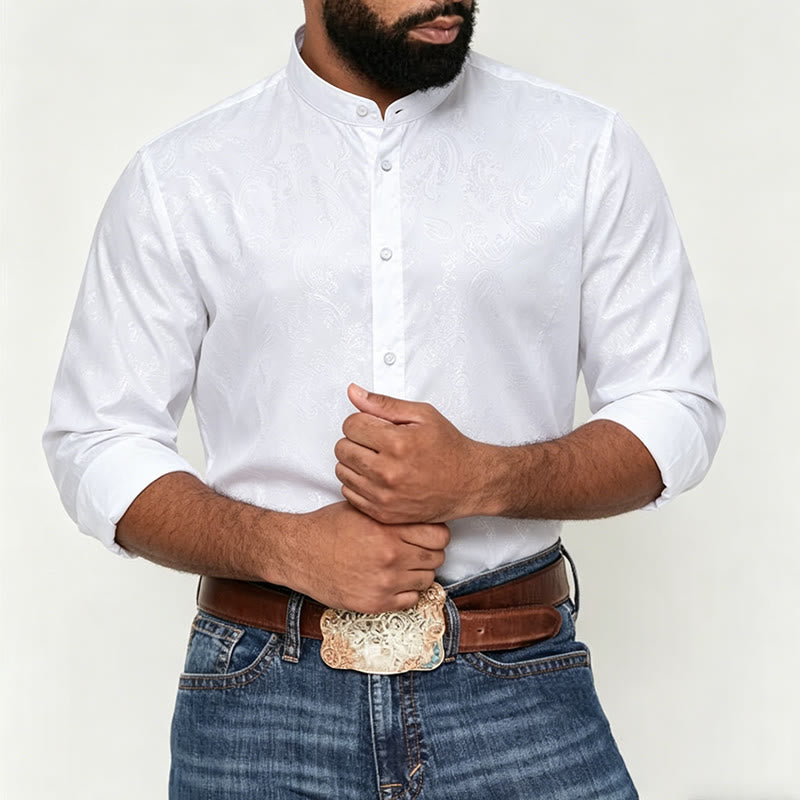 Men's Dark Jacquard Satin Rose Stand Collar Long Sleeve Shirt - image 1