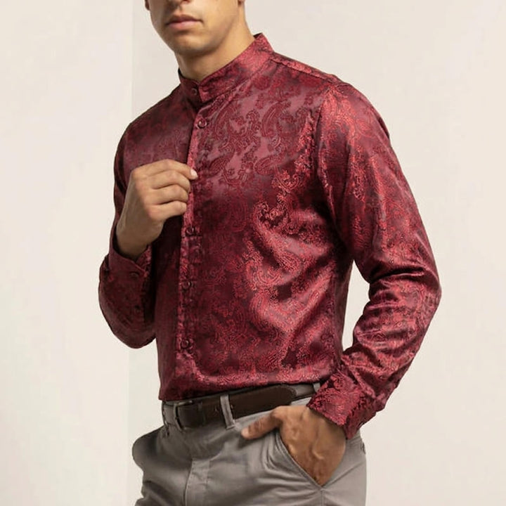 Men's Dark Jacquard Satin Rose Stand Collar Long Sleeve Shirt - image 7