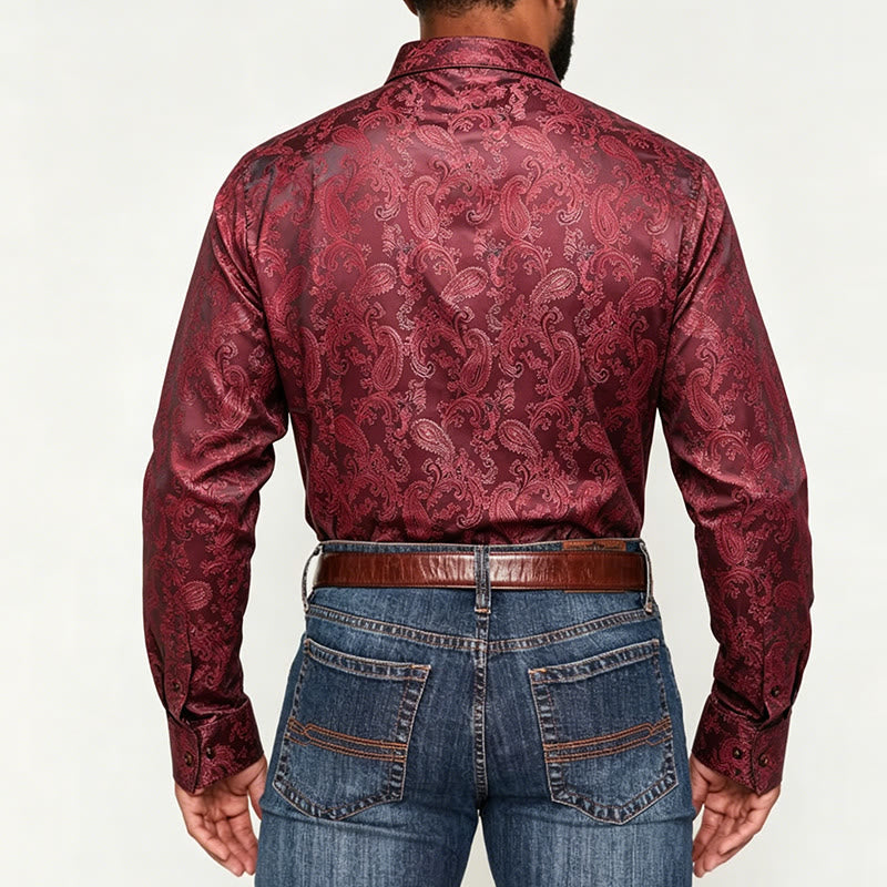 Men's Dark Jacquard Satin Rose Stand Collar Long Sleeve Shirt - image 8
