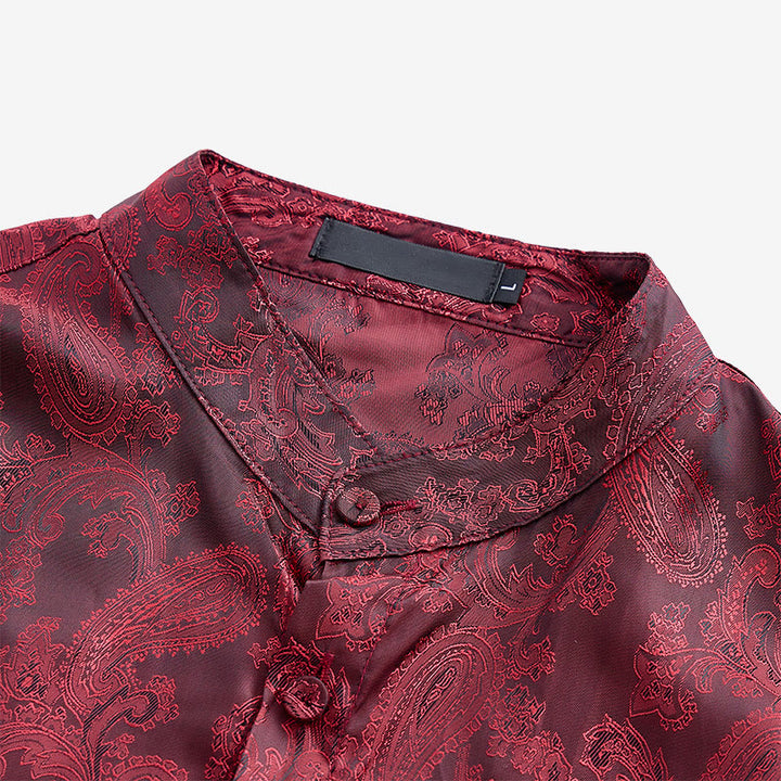 Men's Dark Jacquard Satin Rose Stand Collar Long Sleeve Shirt - image 19