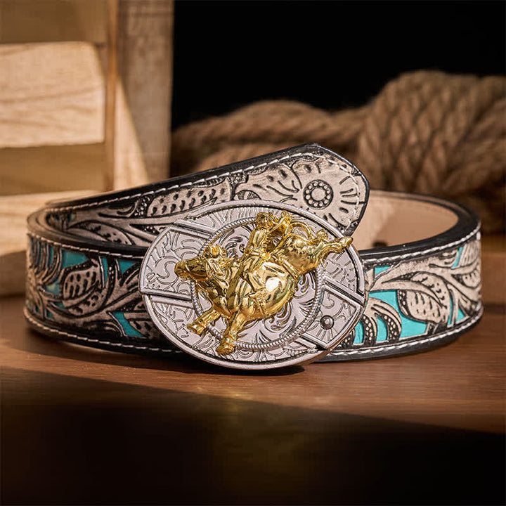 Bold Silver & Gold Bronc Rider DIY Hidden Folding Knife Buckle Leather Belt - Bronc Rider - Gray Floral Belt - 42 - image 8