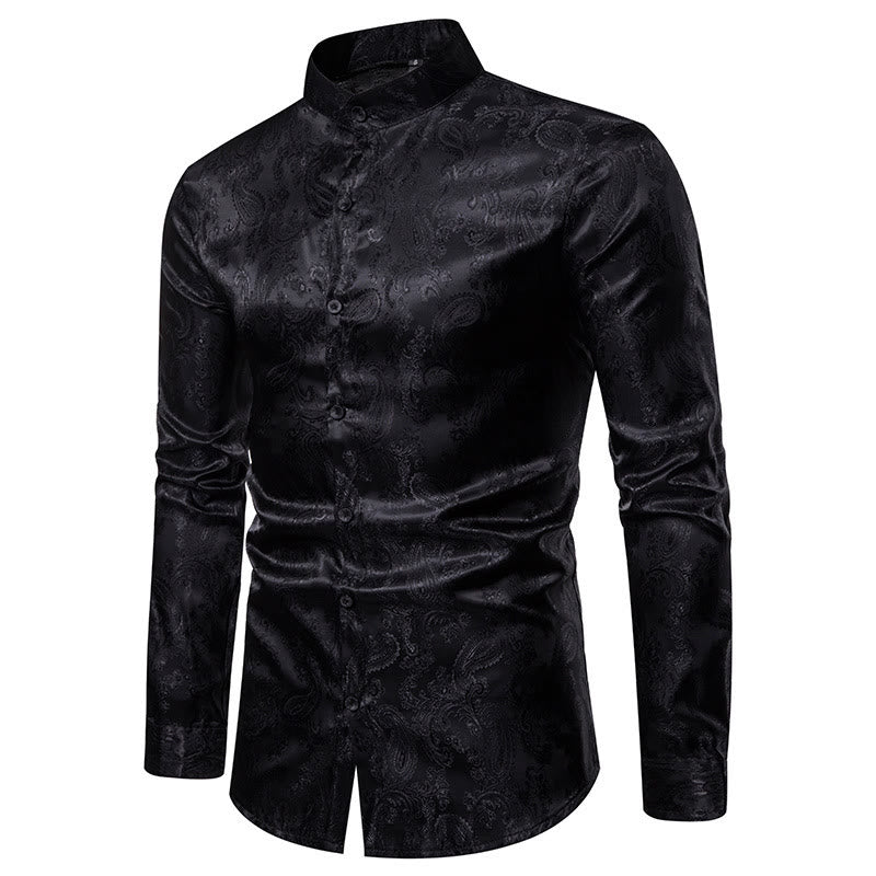 Men's Dark Jacquard Satin Rose Stand Collar Long Sleeve Shirt - image 10
