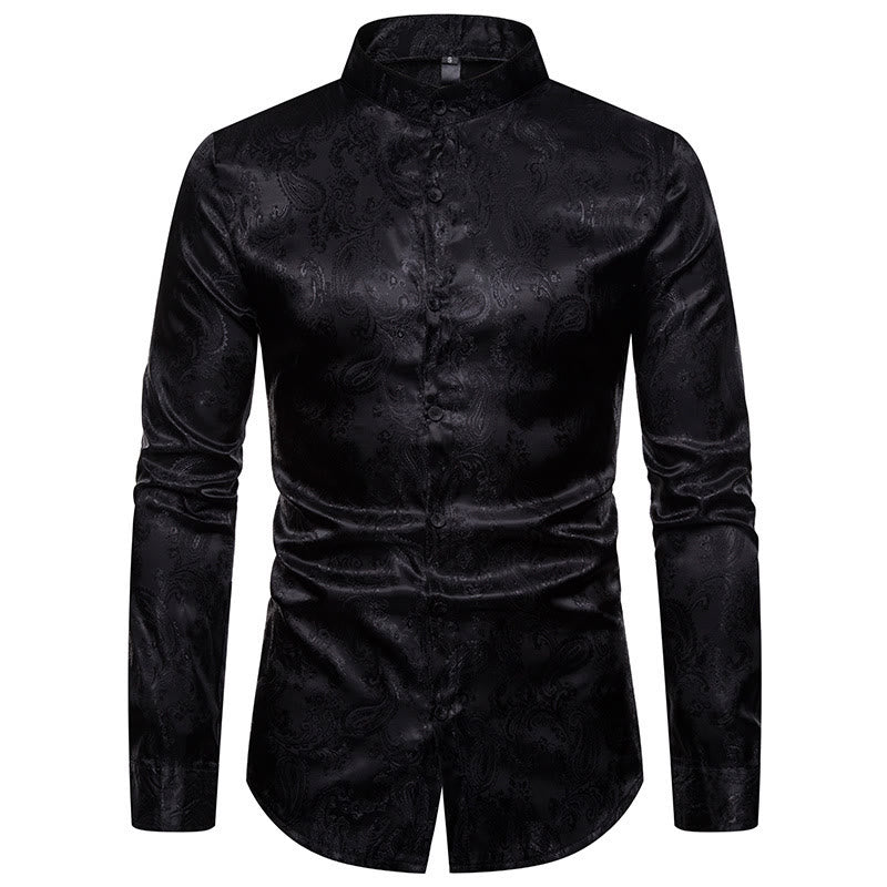 Men's Dark Jacquard Satin Rose Stand Collar Long Sleeve Shirt - Black - 2XL - image 9