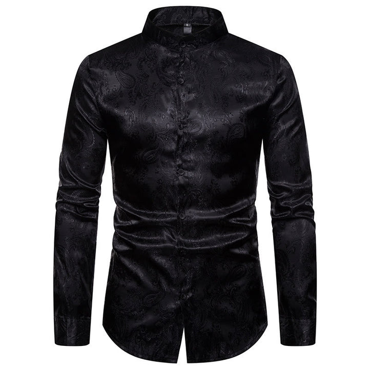 Men's Dark Jacquard Satin Rose Stand Collar Long Sleeve Shirt - Black - 2XL - image 9