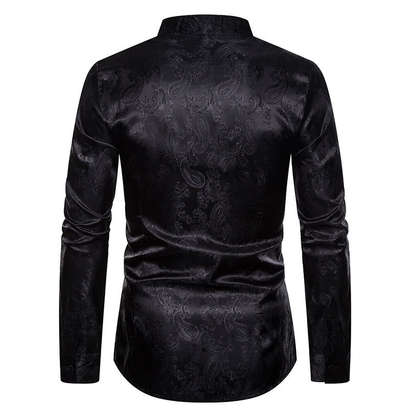 Men's Dark Jacquard Satin Rose Stand Collar Long Sleeve Shirt - image 11