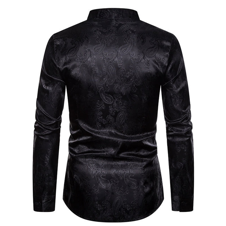 Men's Dark Jacquard Satin Rose Stand Collar Long Sleeve Shirt - image 11