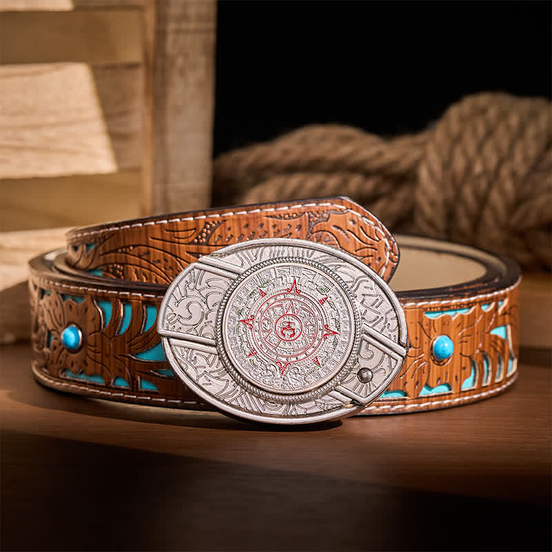 Aztec Mayan Calendar DIY Hidden Folding Knife Buckle Leather Belt - Aztec Mayan Calendar - Turquoise Carved Belt - 42 - image 3