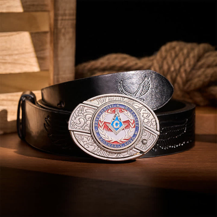 Brotherly Love Masonic Symbol DIY Hidden Folding Knife Buckle Leather Belt - Silver - Black Embossed Eagle Belt - 42 - image 2