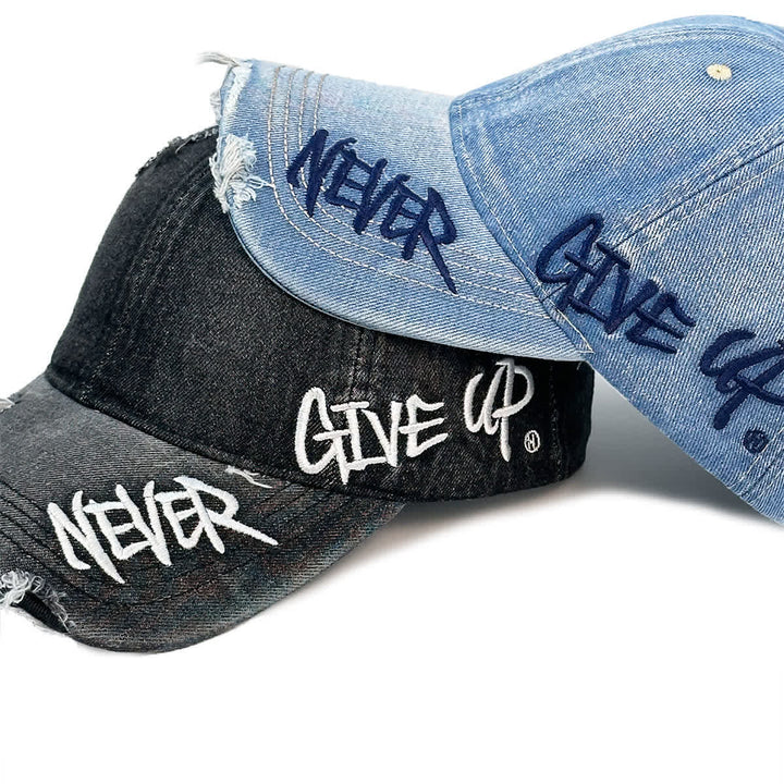 Never Give Up Embroidery Faded Denim Baseball Cap - image 4
