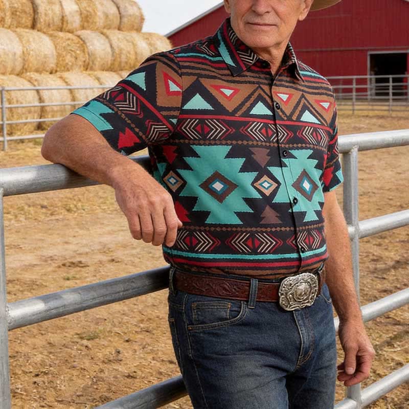 Men's Retro Southwest Aztec Geometric Print Western Shirt - Turquoise - 5XL - image 0