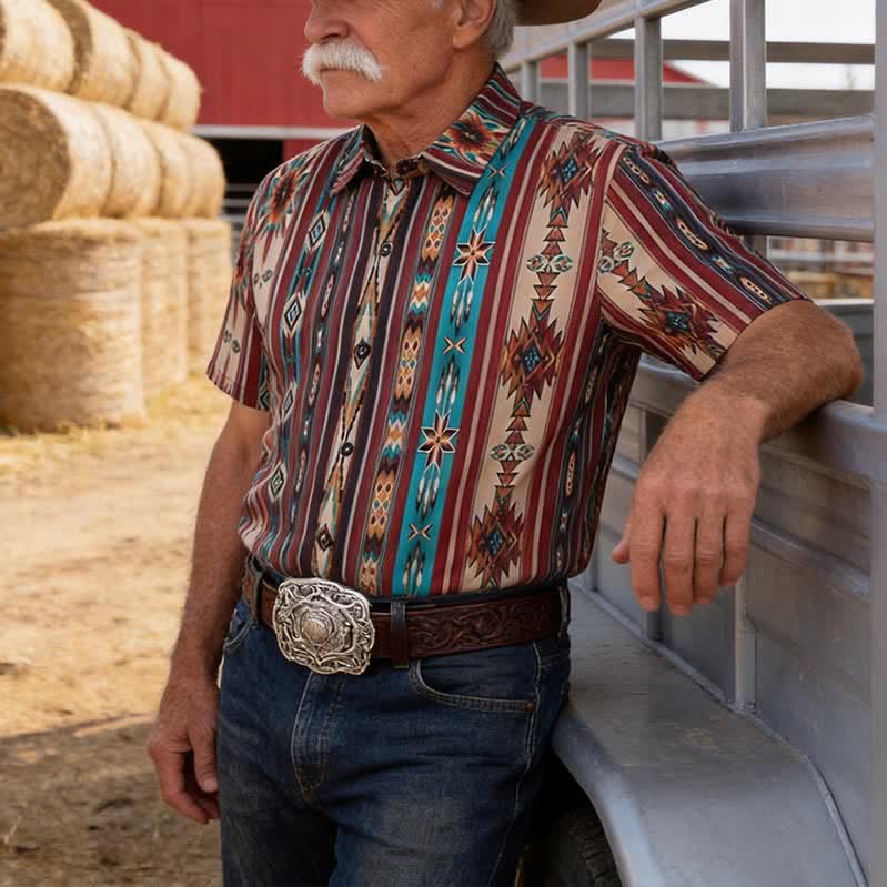 Men's Terracotta Aztec Stripe Print Western Shirt - Terracotta - 5XL - image 0