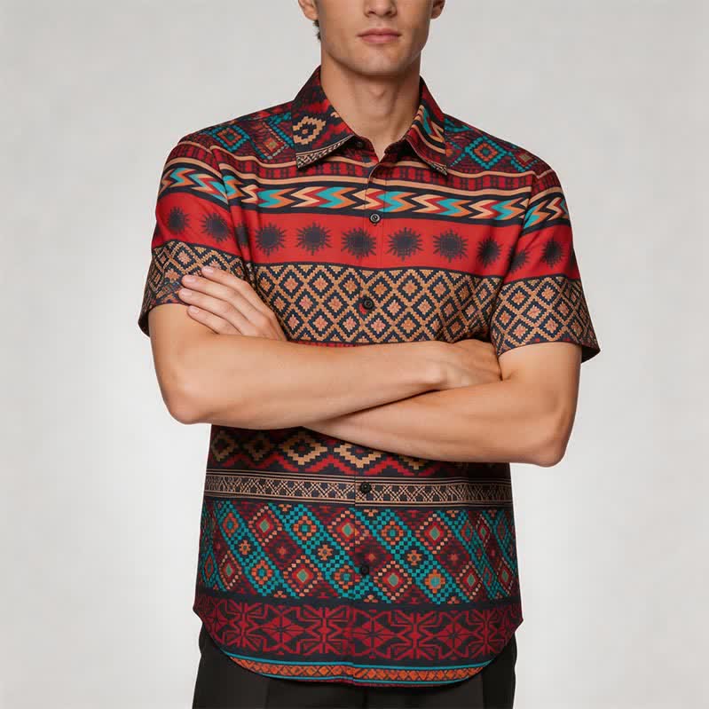 Men's Bold Red Aztec Stripe Print Western Shirt - image 1