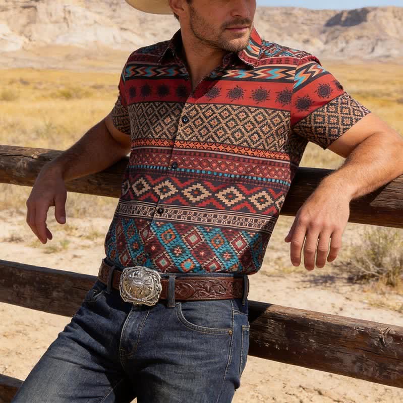 Men's Bold Red Aztec Stripe Print Western Shirt - Red - 5XL - image 0