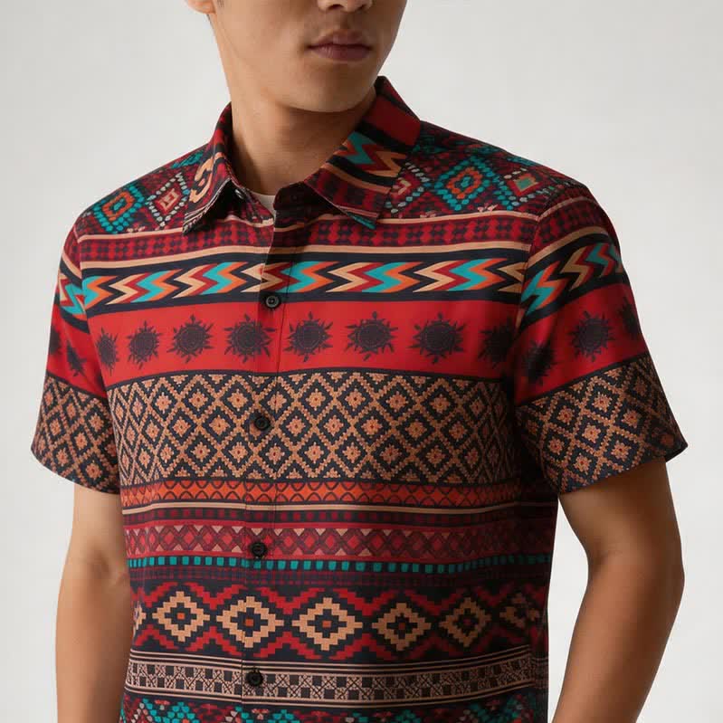 Men's Bold Red Aztec Stripe Print Western Shirt - image 3