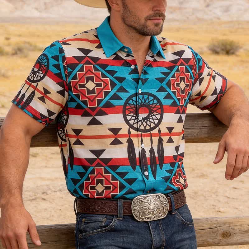 Men's Southwestern Dreamcatcher Aztec Pattern Shirt - Turquoise - 4XL - image 0
