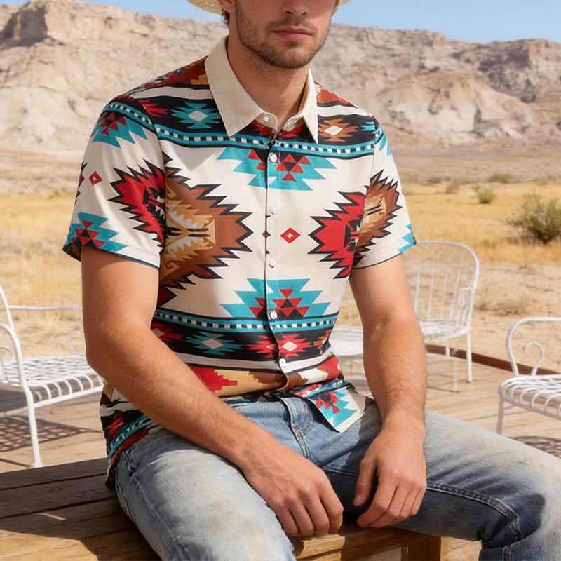 Men's Cream & Turquoise Aztec Print Casual Western Shirt - Cream & Turquoise - 4XL - image 0