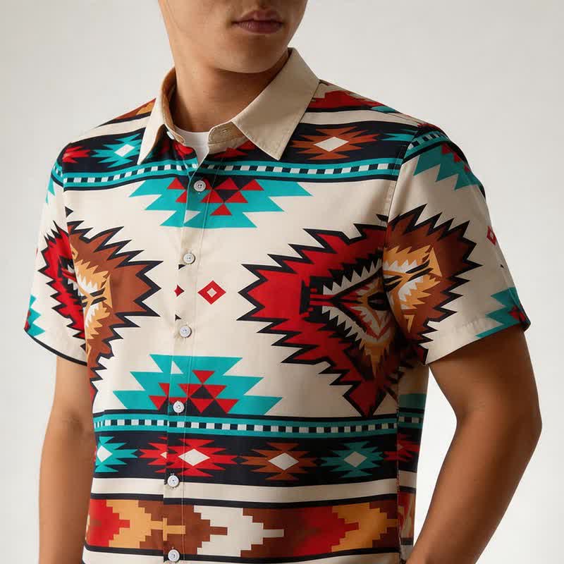 Men's Cream & Turquoise Aztec Print Casual Western Shirt - image 3