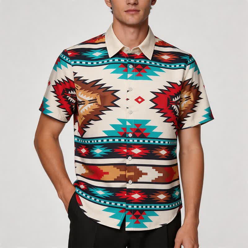 Men's Cream & Turquoise Aztec Print Casual Western Shirt - image 1