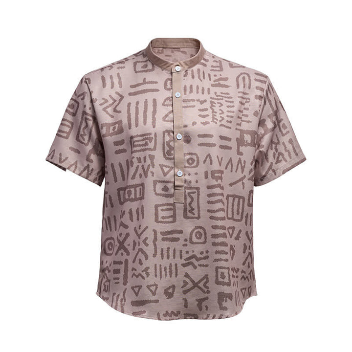 Men's Taupe Beige Tribal Symbol Print Ethnic Shirt - image 9