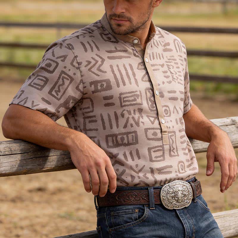 Men's Taupe Beige Tribal Symbol Print Ethnic Shirt - Taupe Beige - 5XL - image 0