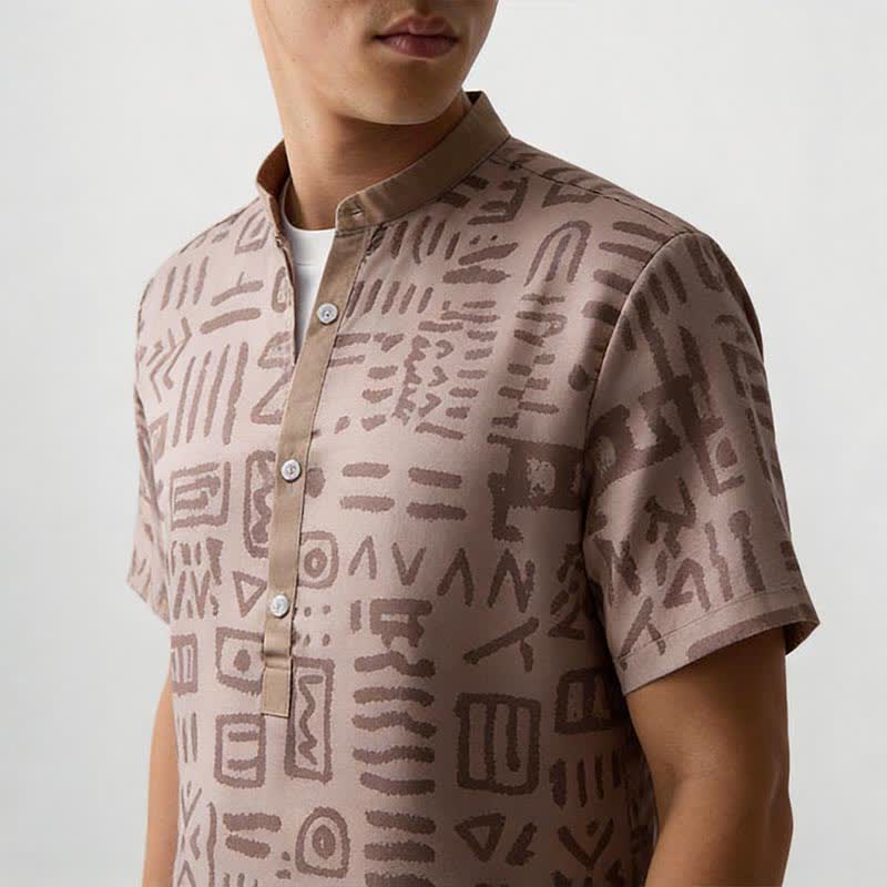 Men's Taupe Beige Tribal Symbol Print Ethnic Shirt - image 3