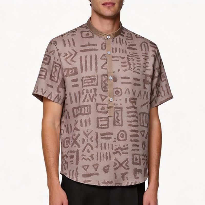 Men's Taupe Beige Tribal Symbol Print Ethnic Shirt - image 1