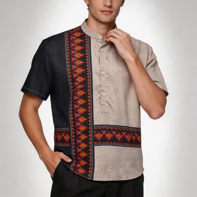 Men's Asymmetric Tribal Print Linen-Blend Ethnic Shirt - image 1