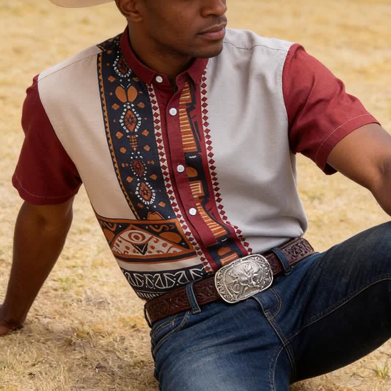 Men's Southwest Inspired Patchwork Summer Ethnic Shirt - Terracotta Red - 5XL - image 0