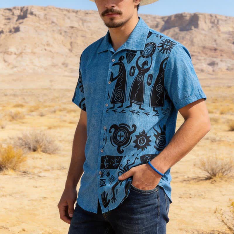 Men's Southwest Cave Art Inspired Print Ethnic Shirt - Blue - 5XL - image 0